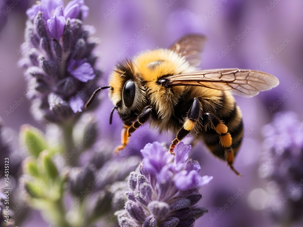 A bumblebee dusted with pollen landing on a lavender flower, focusing on the bee's fuzzy body and the flower's details A bumblebee dusted with pollen landing on a lavender flower, focusing on the bee's fuzzy body and the flower's details