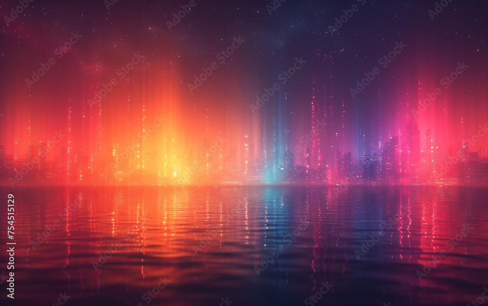 Vibrant cityscape, reflecting in water, is illuminated under a starry, colorful sky.
