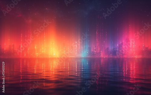 Vibrant cityscape, reflecting in water, is illuminated under a starry, colorful sky. 