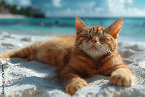 Cat sunbathing on a picturesque beach enjoys the bright sunlight amidst a serene setting.
