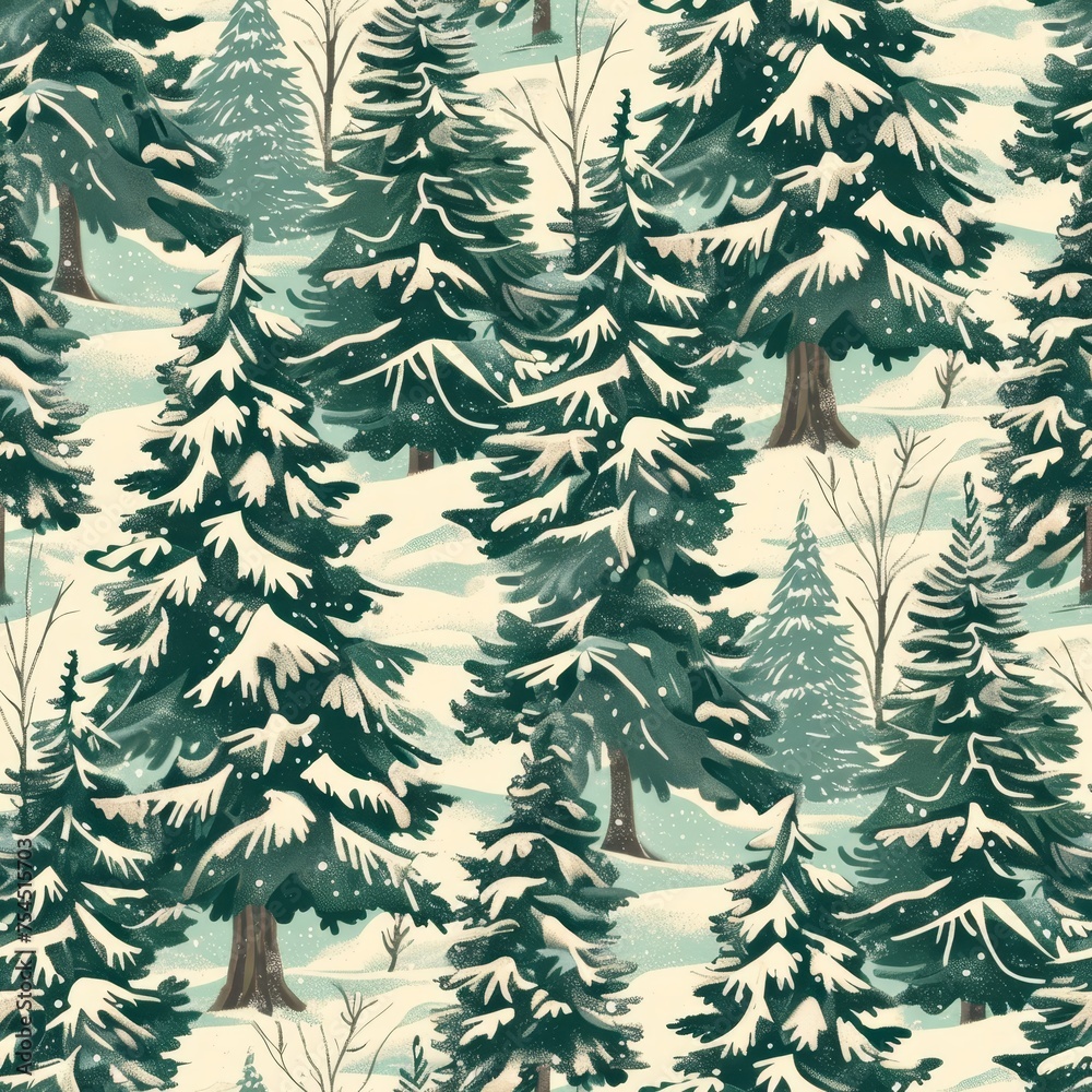 Illustration of snowy evergreen trees, seamless pattern