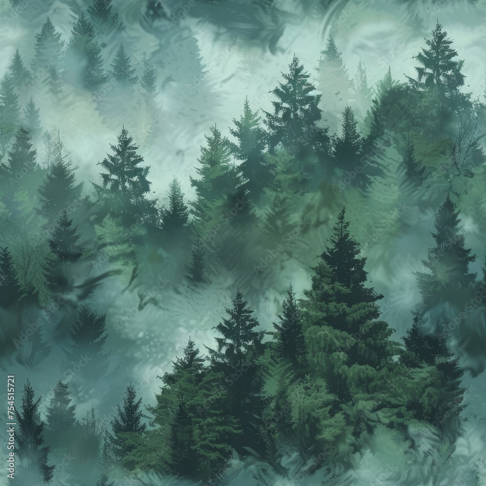 Illustration of a foggy evergreen forest, seamless pattern