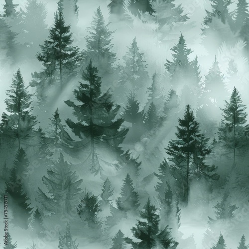 Illustration of a foggy evergreen forest, seamless pattern