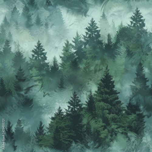 Illustration of a foggy evergreen forest  seamless pattern