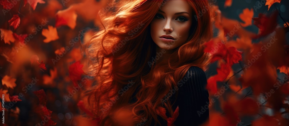 Fototapeta premium A woman with long red hair stands amidst a field of colorful flowers. Her striking red hair contrasts against the vibrant blooms surrounding her, creating a visually captivating scene.