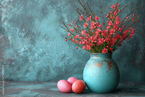 Blue vase with pink flowers and three eggs in it