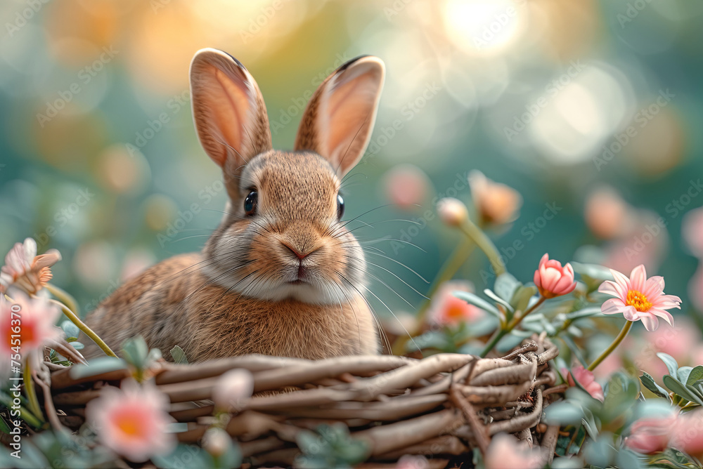 Rabbit is sitting in a basket of flowers at Easter Rabbit is sitting in a basket of flowers at Easter