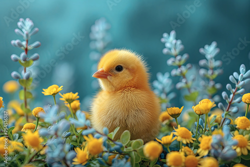 Baby chick is sitting in a field of flowers
