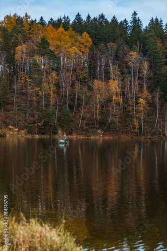 Beautiful view to the coast of big lake with beautiful high green and golden trees at fall reflecting in water with fisherman on small boat at the center