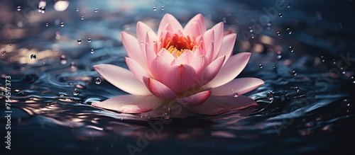 A pink flower with delicate petals and a long stem is seen gracefully floating on the calm surface of a body of water. The flower creates a serene and beautiful image as it drifts along the water.