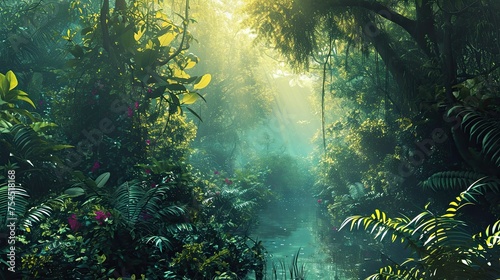 Beautiful fantasy tropical forest nature landscape. © neirfy
