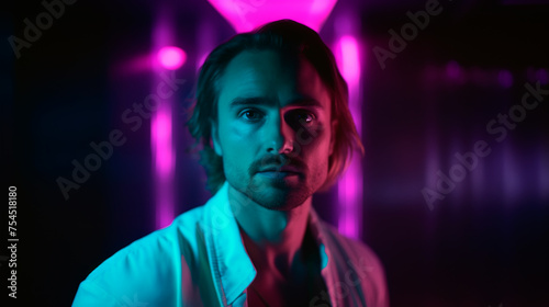 a man is standing in a dark room with neon lights behind him