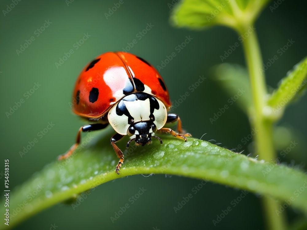 Photograph a ladybug climbing the vibrant green stem of a plant
