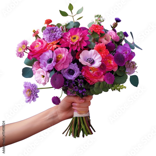 a hand holding a purple floral bouquet on pink isolated background, advertising, bold color, artificial, isolated, cutout, png