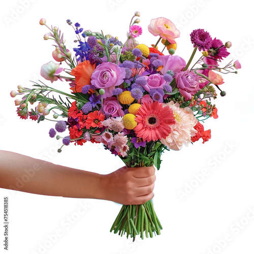 a hand holding a purple floral bouquet on pink isolated background, advertising, bold color, artificial, isolated, cutout, png