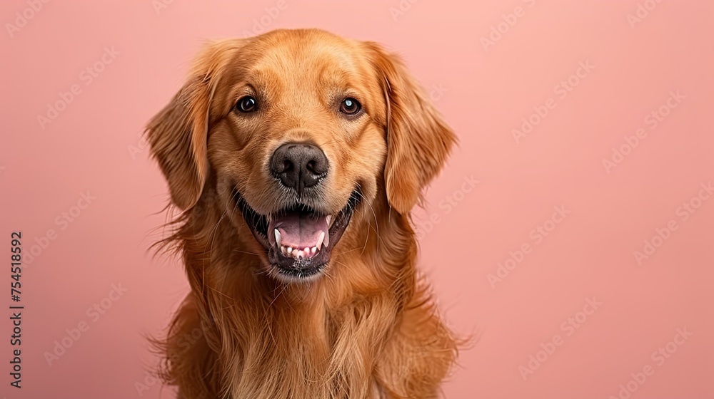 Loyal golden retriever with wagging tail and friendly expression standing against a soft peach background