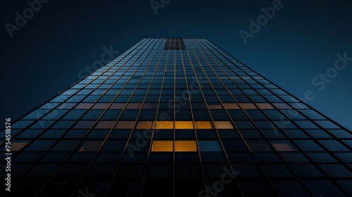 A tall building made of glass seen from below. Generate AI image