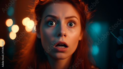 a close up of a woman s face with a surprised look on her face