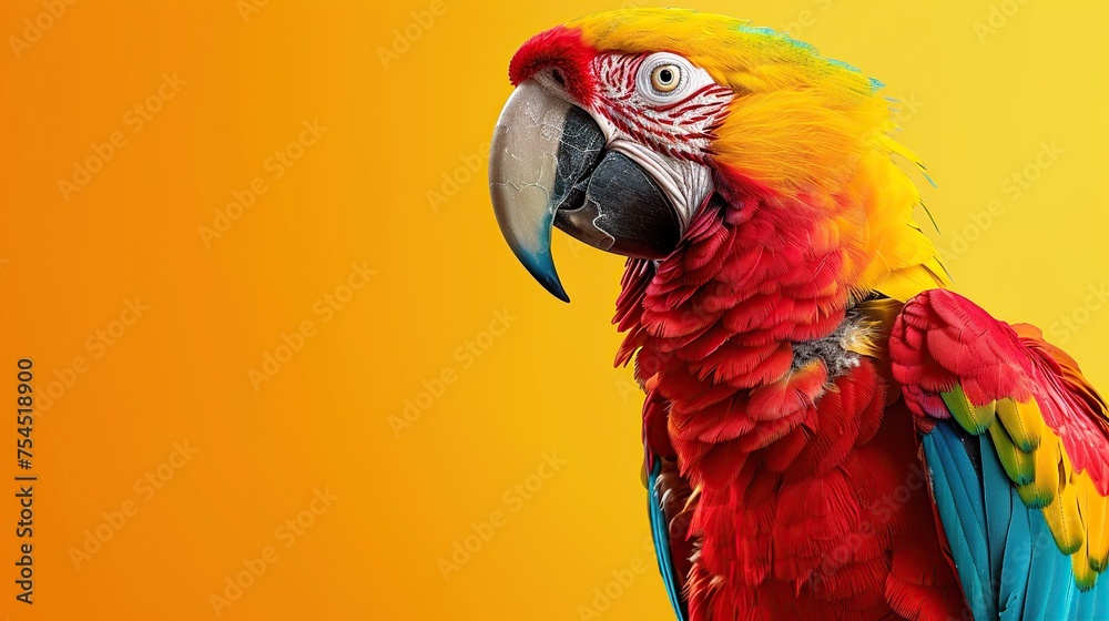 Cheerful parrot with vibrant feathers and playful demeanor perched against a sunny yellow backdrop - obrazy, fototapety, plakaty 