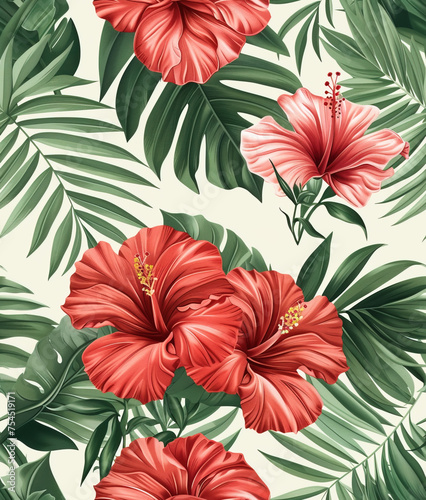 Seamless background with tropical flowers and plants, retro style. 