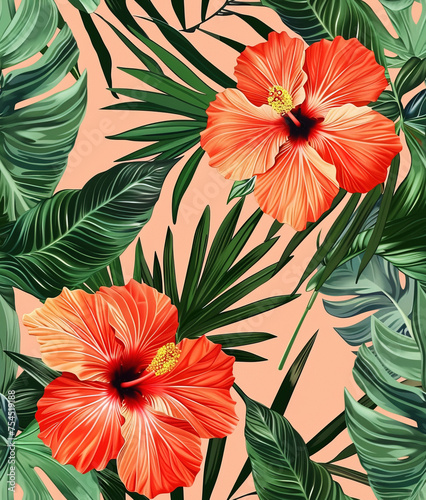 Seamless background with tropical flowers and plants  retro style.  