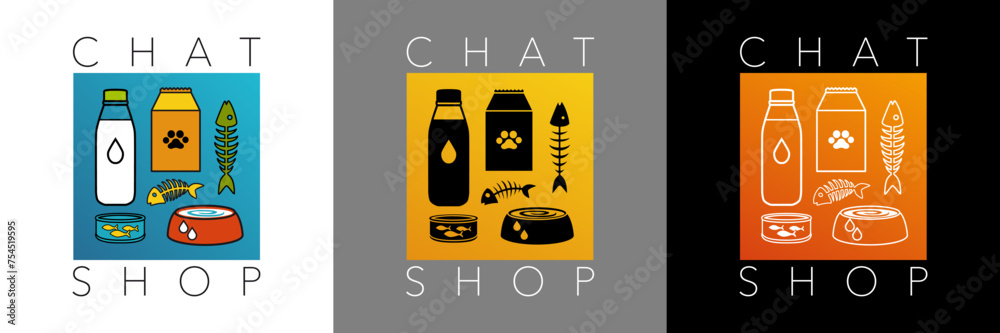 3 affiches avec une série de pictogrammes sur le thème de la nourriture pour chats, dessinés en couleur, en silhouette noir ou en contour blanc. - obrazy, fototapety, plakaty 