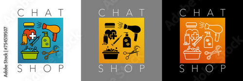 3 affiches avec une série de pictogrammes d’objets pour le soin des chats, dessinés en couleur, en silhouette noir ou en contour blanc.
