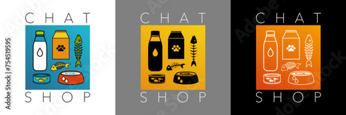3 affiches avec une série de pictogrammes sur le thème de la nourriture pour chats, dessinés en couleur, en silhouette noir ou en contour blanc.