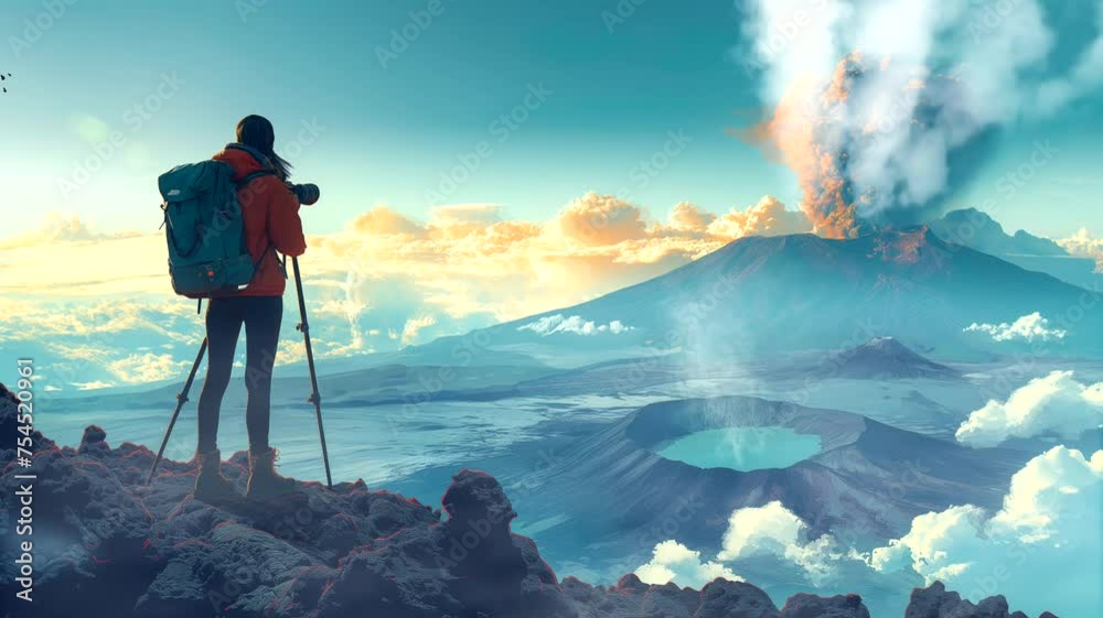 photographer in the volcano crater. Seamless looping time-lapse 4k video animation background photographer in the volcano crater. Seamless looping time-lapse 4k video animation background