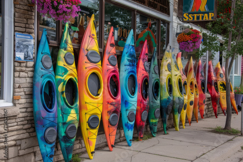 A row of kayaks are displayed in a store window. The kayaks are of various colors and sizes, including a few that are green and yellow. The display is organized and eye-catching
