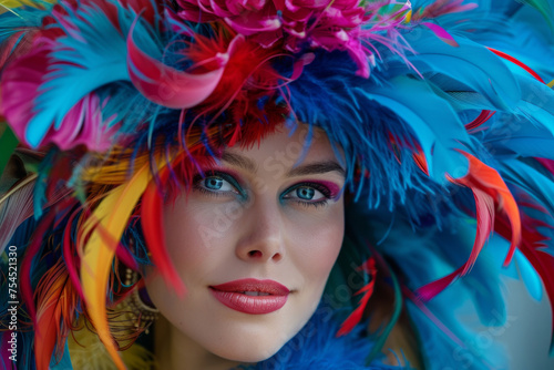 A woman wearing a colorful feathered hat and makeup. The hat is blue, red, and yellow