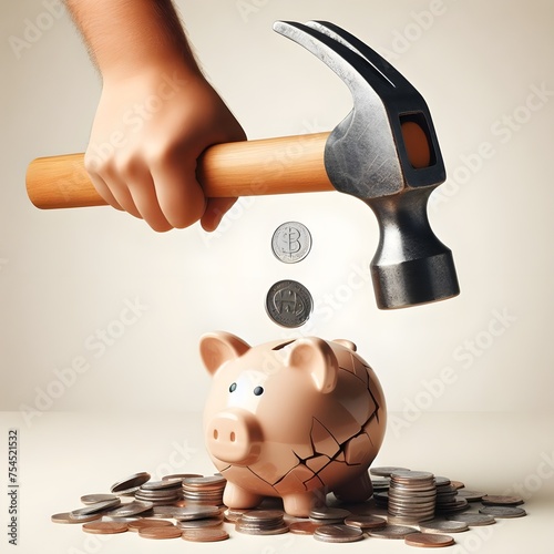 A person is holding a hammer over a piggy bank with coins inside