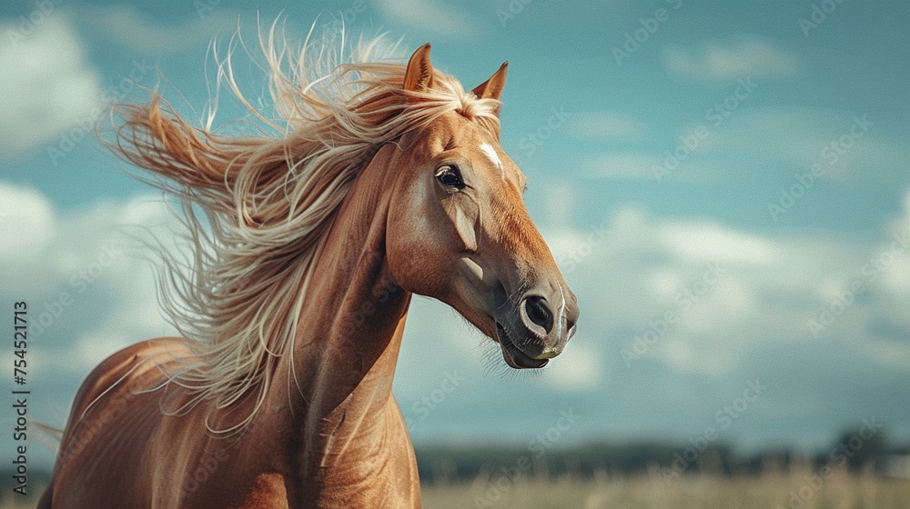 Elegant horse with flowing mane and gentle eyes standing majestically against a serene sky blue background Elegant horse with flowing mane and gentle eyes standing majestically against a serene sky blue background