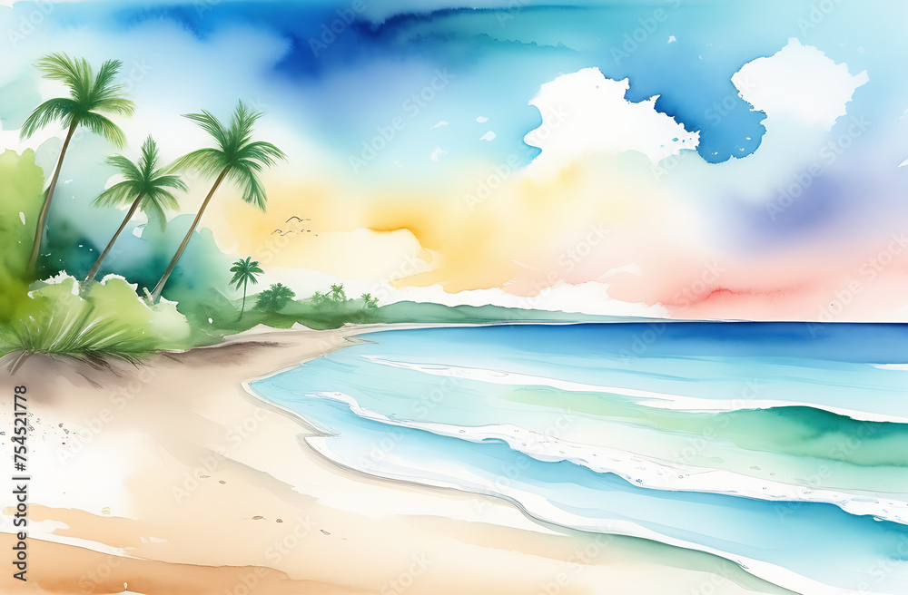 Illustration of a tropical beach with palm trees and a blue sky
