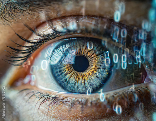 close-up of an eye with high detail in the iris, with zeros and ones superimposed as a binary system. iris reading and data security concept. biometric security.