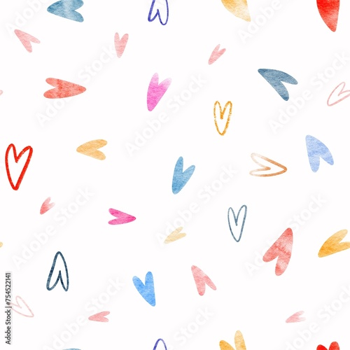 seamless pattern with watercolor hand drawn hearts