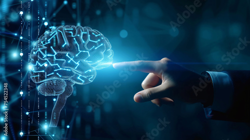 The technology concept, of a hands of human touching digital Glowing brain, connect digital data, generative ai