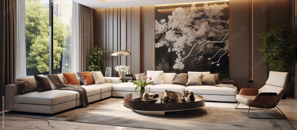 Fototapeta premium A contemporary living room filled with stylish furniture and a striking painting hanging on the wall. The room exudes modern design and sophistication with its carefully chosen decor elements.