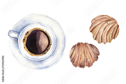 Set of watercolor concha with cup of hot coffee or tea on saucer. Spanish or mexican sweet bread. Hand-drawn illustration isolated on transparent.	