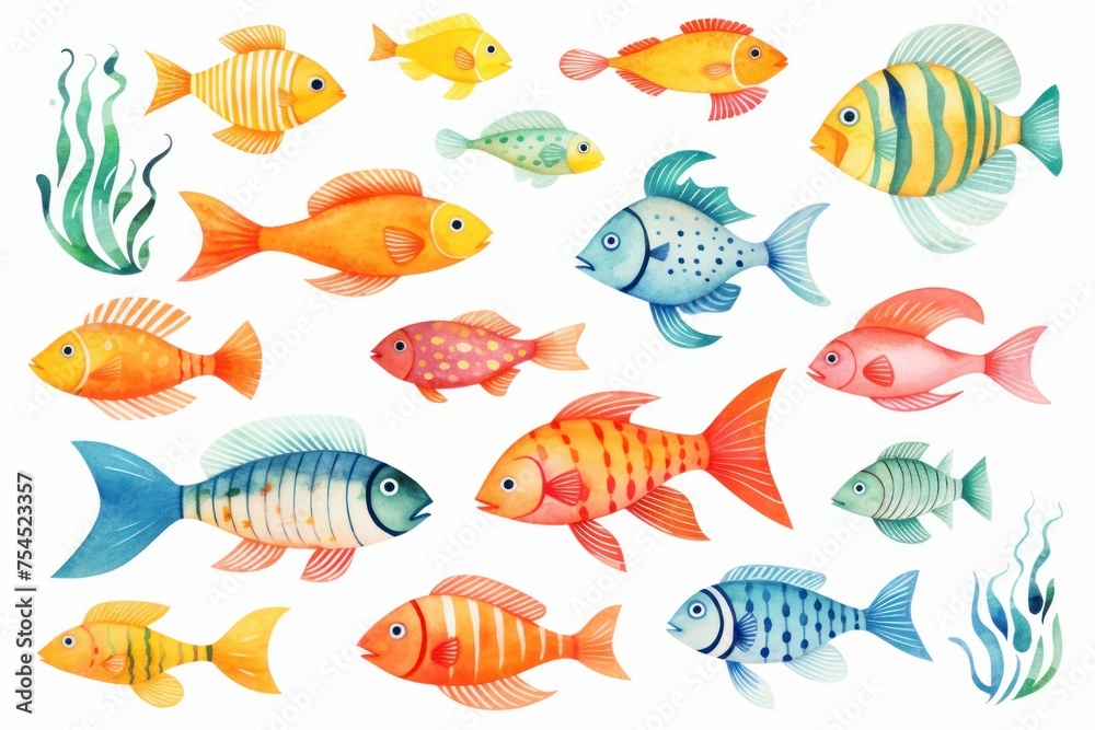 A variety of colorful fish, both small and large, swimming in opposite and diagonal directions. They are set against a white background.