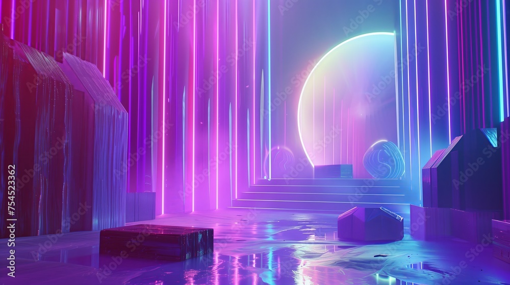 A 3D visualization showcasing immaculate geometry and captivating aesthetics. Set against a colorful backdrop, abstract shapes radiate in ultraviolet tones