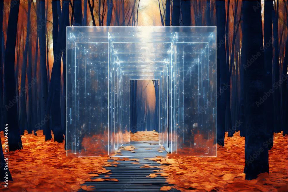Naklejka premium Mystical glowing blue portal in middle of fall forest with orange leaves, 3D rendering