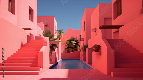 Pink surreal minimal 3d render of stairs, buildings and pool with palm trees