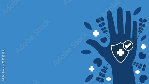Art & IllustrationMedical insurance concept vector banner design with medical cross sign, hand, floral pattern ,shield, heart shape on a blue background for advertisement, social media, web, flyer and