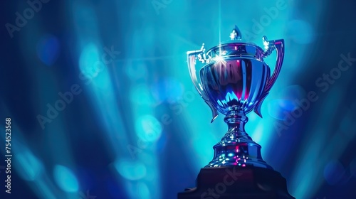 A trophy illuminated by a spotlight with a blue bokeh background