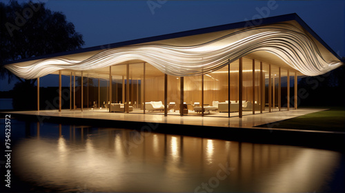 Modern house with a wavy roof and glass walls at night © sakina