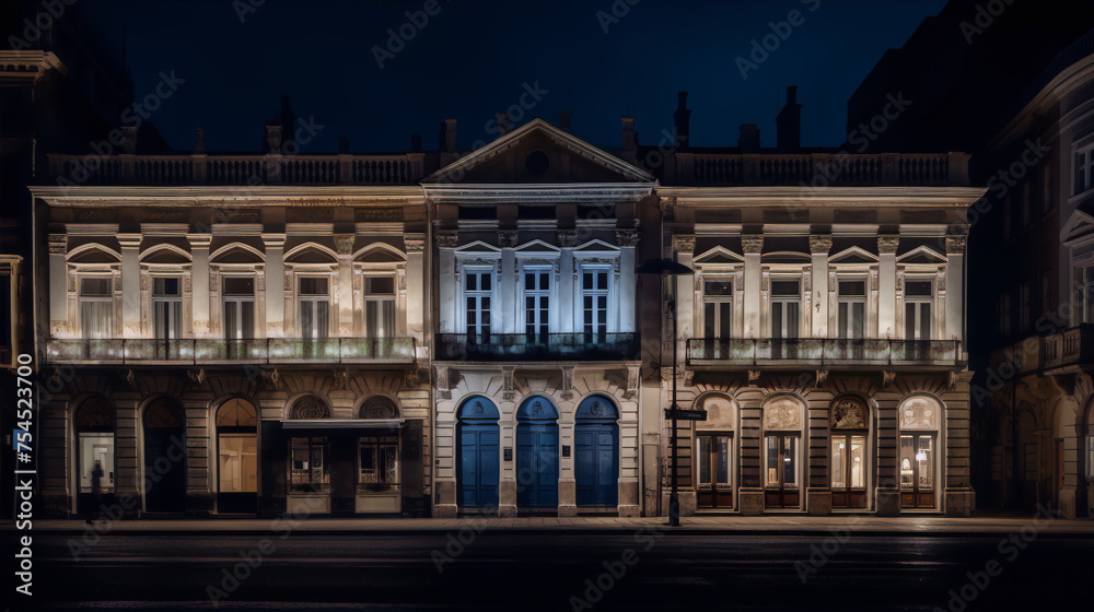 Cityscape of a row of old historical buildings with blue doors and windows at night
