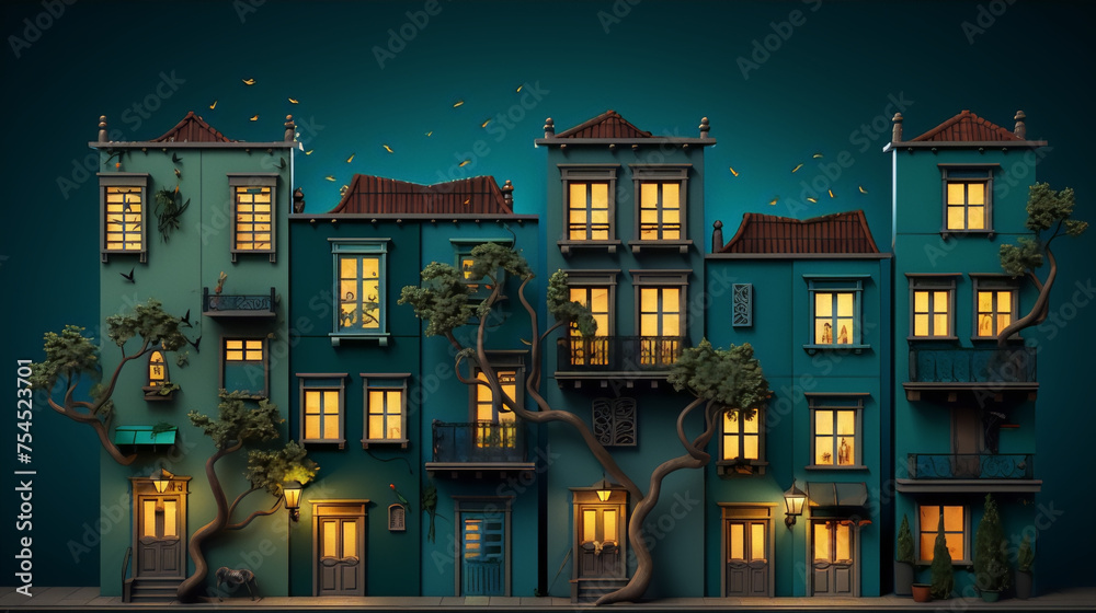 3D illustration of a row of colorful houses with trees and lights in a blue background
