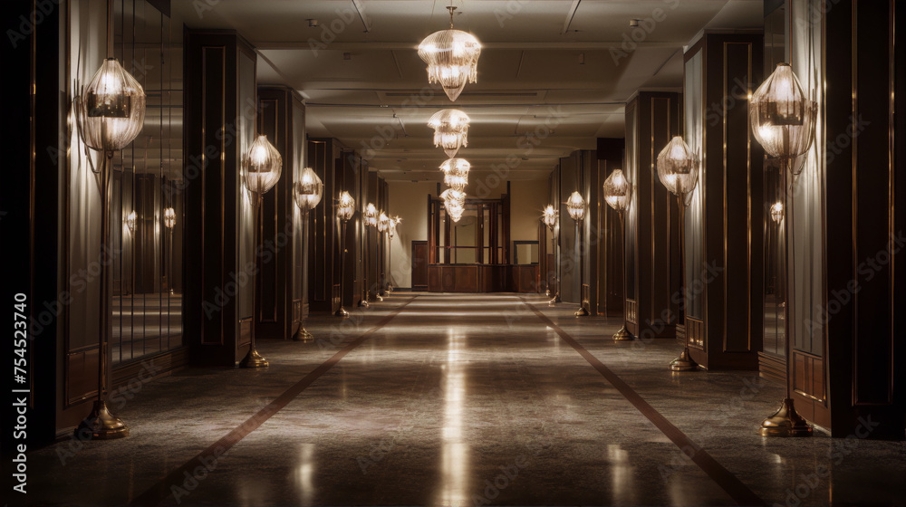 Luxury hotel lobby interior with chandeliers and shiny floor in art deco style