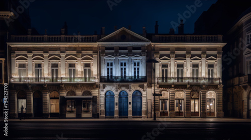 Cityscape of a row of old historical buildings with blue doors and windows at night